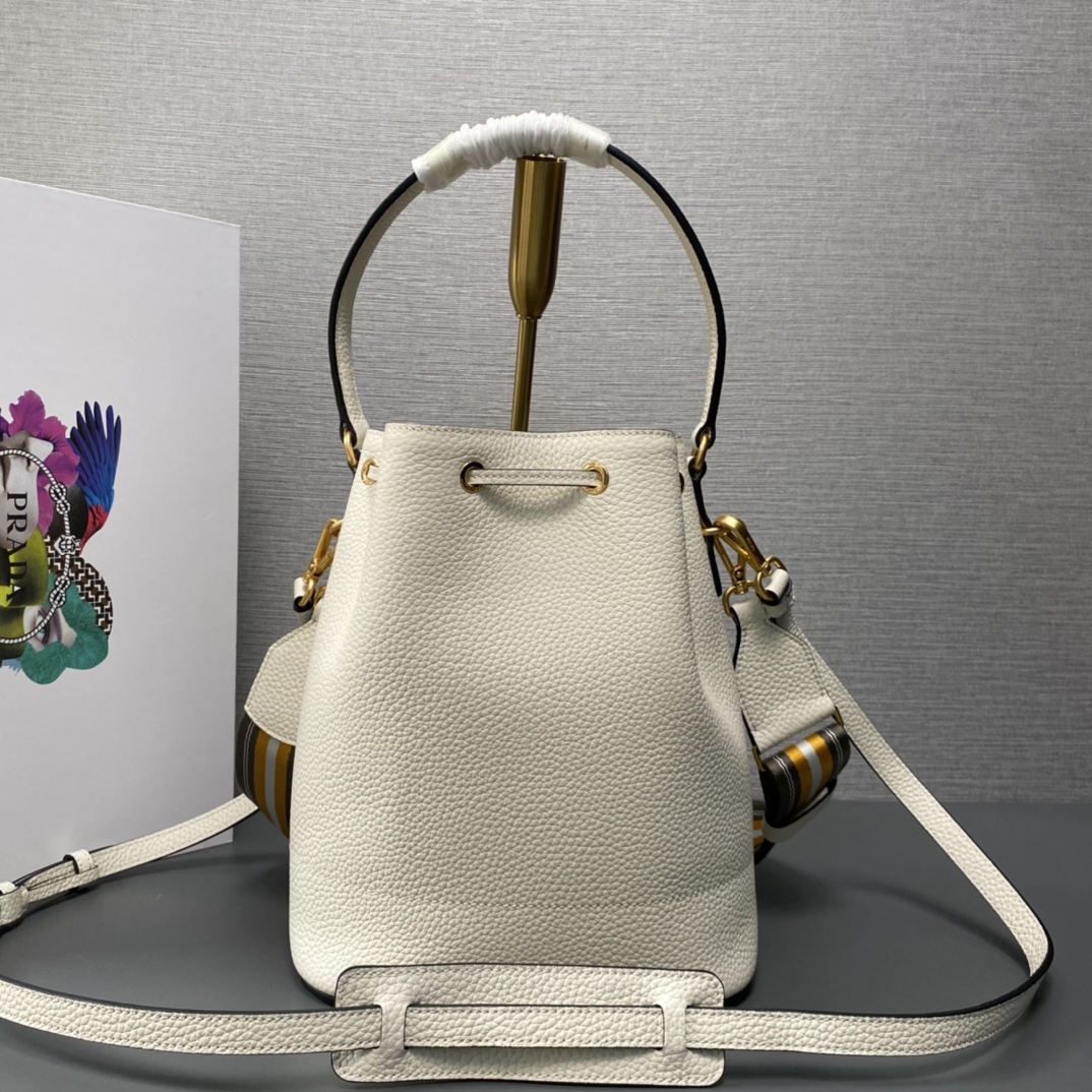 Prada Leather Bucket Bag Shoulder Bag Handbag White 1BE018